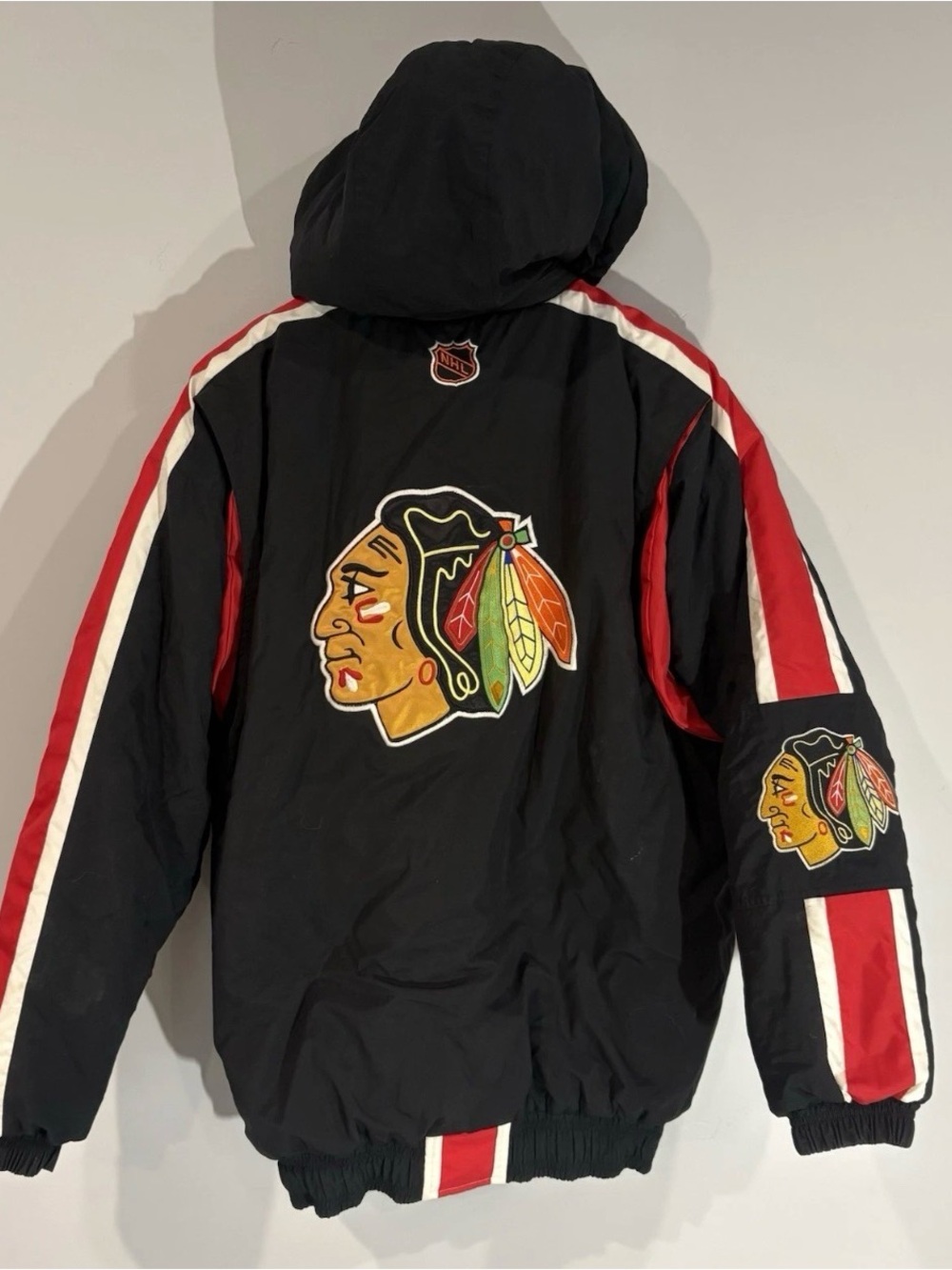 Vintage Starter Jacket Chicago Blackhawks Pullover Hood Coat NHL Hockey Large